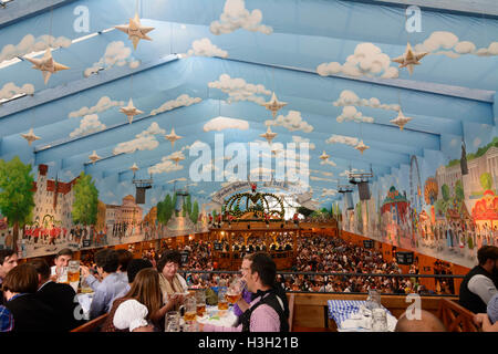 München, Munich: Oktoberfest beer festival: Hacker-Pschorr Brewery tent, guests, Oberbayern, Upper Bavaria, Bayern, Bavaria, Ger Stock Photo