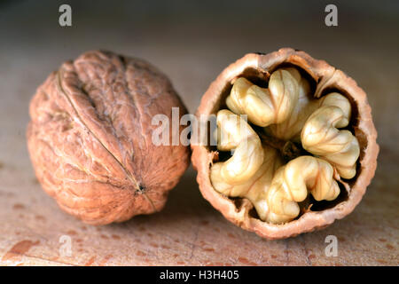 English walnuts with one cracked open. Stock Photo