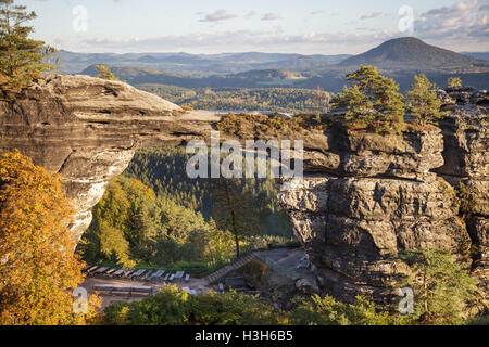 Pravcicka brana Pravcice Gate natural sandstone arch and view Bohemian Switzerland, Hrensko, Usti nad Labem, Czech Republic Stock Photo