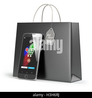 Online shopping concept. Mobile phone or smartphone with shopping paper bag isolated on white. 3d illustration Stock Photo
