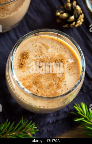 Eggnog with cinnamon in glass close up with Christmas decor  - homemade traditional festive drink for Christmas time Stock Photo