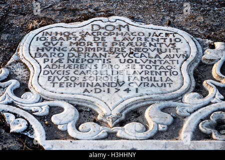 Tombstone in Brancaleone ghost town, Calabria, Italy. Stock Photo