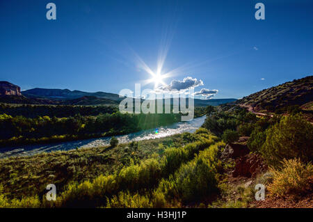 Sunset on the Rio Chama in northern New Mexico, USA, en route to the Monastery of Christ in the Desert. Stock Photo
