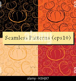 Vector outline pumpkins seamless patterns set. Pumpkin patch backgrounds. Orange and blask colors. Stock Vector