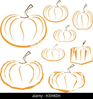 Vector outline pumpkins set on white background. Different shapes of pumpkins. Stock Vector