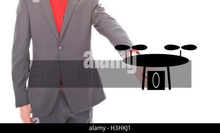Young business man with illustration of black drone on white background Stock Photo