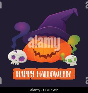 Vector Illustration of Pumpkin Jack-O'-Lantern wearing Witch Hat with Skull and Happy Halloween Sign Stock Vector