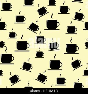 Cups seamless vector pattern. Tea or coffee cups on yellow background. Stock Vector
