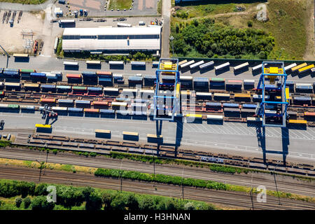 Aerial view, Logport III, container terminal, container loading, Port of Duisburg company, Rhine, Duisburg, Ruhr area, Stock Photo