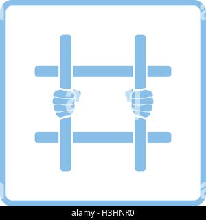 Hands holding prison bars icon. Blue frame design. Vector illustration. Stock Vector