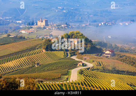 Narrow road runs through vineyards as small village on background at foggy morning in Piedmont, Northern Italy. Stock Photo