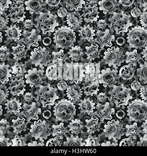 Glossy metal cogwheels on black, seamless pattern Stock Vector