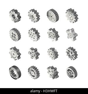 Set of realistic glossy metal gears in isometric view on white Stock Vector