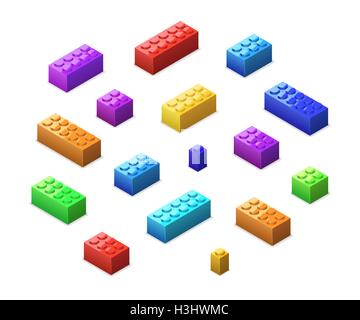 Different colorful lego bricks in isometric view isolated on white Stock Vector