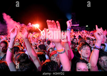 BENICASSIM, SPAIN - JULY 18: Crowd in a concert at FIB Festival on July 18, 2014 in Benicassim, Spain. Stock Photo