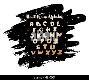 English Handwritten Alphabet with Watercolor Stain and Stars on Background. Vector Illustration. Handmade Letters. Stock Vector