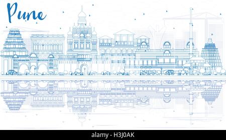 Outline Pune Skyline with Blue Buildings and Reflections. Vector Illustration. Business Travel and Tourism Concept Stock Vector