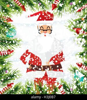Santa Claus. Christmas background with fir branches, balloon, snow and rocket. Vector illustration. Stock Vector