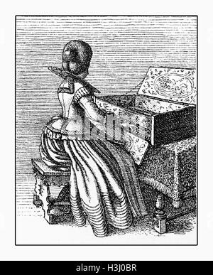 Year 1635, Portrait of lady playing spinet Stock Photo