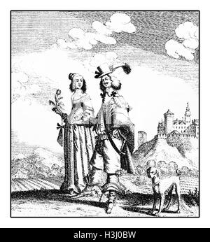 Portrait of couple walking with dog, German costumes XVII century Stock Photo