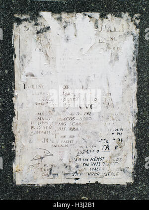closeup shot of old, faded, and torn posters on granite wall Stock Photo