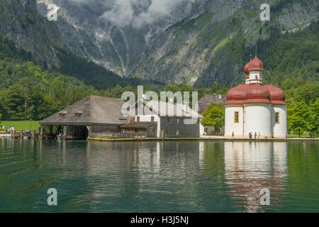 St Bartholomau Kirche from Konigsee, Bavaria, Germany Stock Photo