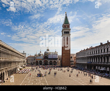 elevated view along san marco square in Venice, italy, towards Campanile bell tower and cathedral and Ducale palace on a sunny Stock Photo