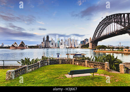 Green grass and bench in recreational park zone of Kirribilli suburb of Sydney across harbour from the city major landmarks Stock Photo