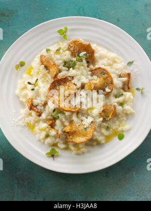 Sauteed wiild organic Pied de Mouton Mushrooms (hydnum repandum) or hedgehog mushroom risotto Stock Photo