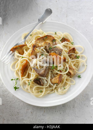 Wiild  chanterelle or girolle, Pied de Mouton Mushrooms  or hedgehog, Pied Bleu or blue foot musrooms with pasta Stock Photo