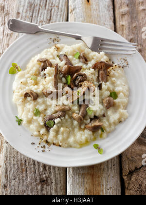 Sauteed wiild organic Pied Bleu Mushrooms (Clitocybe nuda), Blewit or Blue Foot mushrooms cooked in butter and herbs Risotto Stock Photo