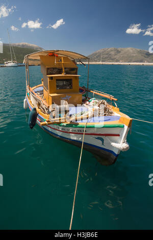 A Greek fishing boat is moored in Sami Harbour. Stock Photo