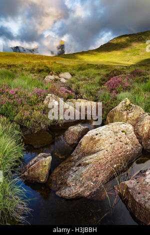 Nant Gwryd flows around boulders from Llyn Cwmffynnon leading into Dyffryn Mymbyr. Stock Photo