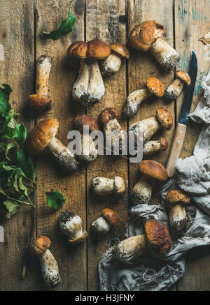 Fresh uncooked white forest mushrooms of different sizes, knife and tree branch with green leaves on rustic wooden background, t Stock Photo