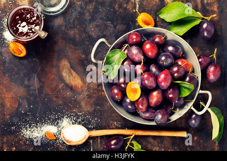 Making plum jam bassed on traditional recipe Stock Photo