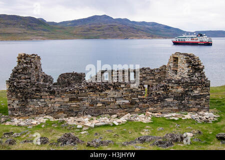 Visiting Hurtigruten cruise ship MV Fram in fjord beyond Hvalsey Church ruin built by Norse settlers in 12th century. Qaqortoq Greenland Stock Photo