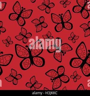 Beautiful seamless background of butterflies black and red colors. Stock Vector