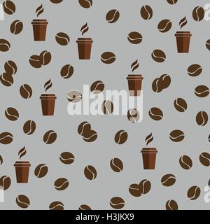 Tea or coffee cups seamless vector pattern with coffee beans or corns. Stock Vector
