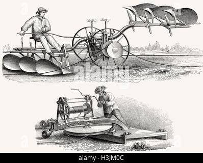 An agricultural plow system powered by a cable winch by muscular force, invented by M. Lotz, 19th Century Stock Photo