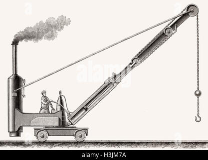 Loading crane powered by a steam engine, 19th Century Stock Photo