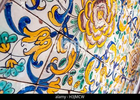 Details of typical Portuguese old ceramic wall tiles (Azulejos) on the building exterior in Lisbon city, Portugal Stock Photo