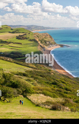 Walkers descending from the summit of Golden Cap on the SW Coast Path, Jurassic Coast, Dorset, England, UK Stock Photo