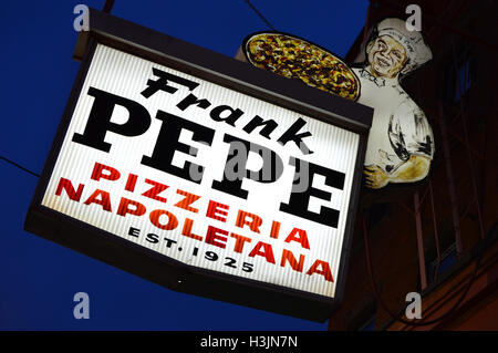 Frank Pepe Pizzeria in New Haven Connecticut.  The restaurant is often credited as the inventor of the modern thin crust pizza. Stock Photo