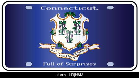 Connecticut state license plate in the colors of the state flag with icons over a white background Stock Vector