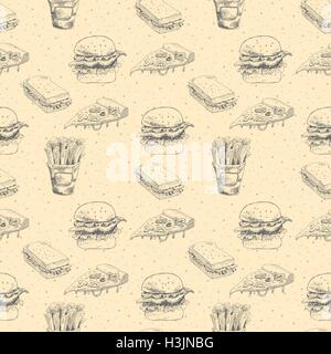 Hand drawn fast food pattern. Burger, pizza, french fries detailed illustrations. Great for restaurant menu or banner Stock Vector