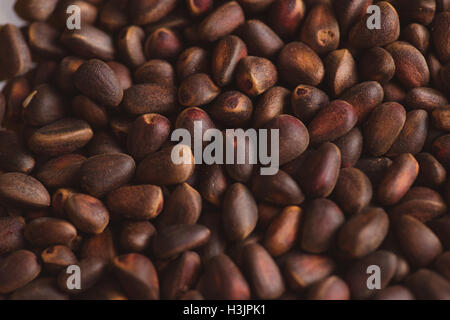 Pine nuts in shells of ciberian cedar as a background. Macro Stock Photo