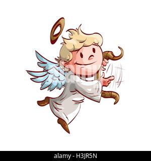 Colorful vector illustration of a cartoon cute angel, playing a lyre and flying. Stock Vector