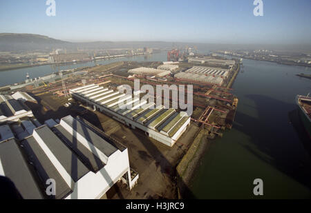 The view from Samson and Goliath, twin shipbuilding gantry cranes at Queen's Island, Belfast, Northern Ireland. Stock Photo