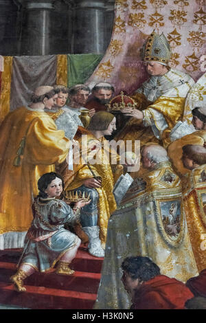 Rome. Italy. Fresco (1516-1517) The Coronation of Charlemagne, Hall of the Fire in the Borgo, Vatican Museums.   Fresco (1516-15 Stock Photo