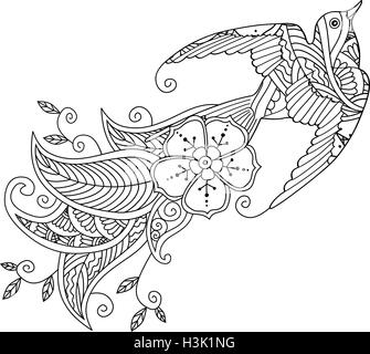 Contour image of bird flying with long ornamental tail Stock Vector